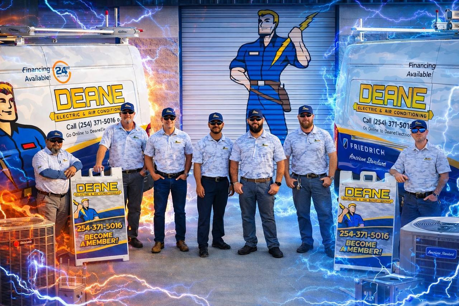 Deane Electric team in front of service trucks