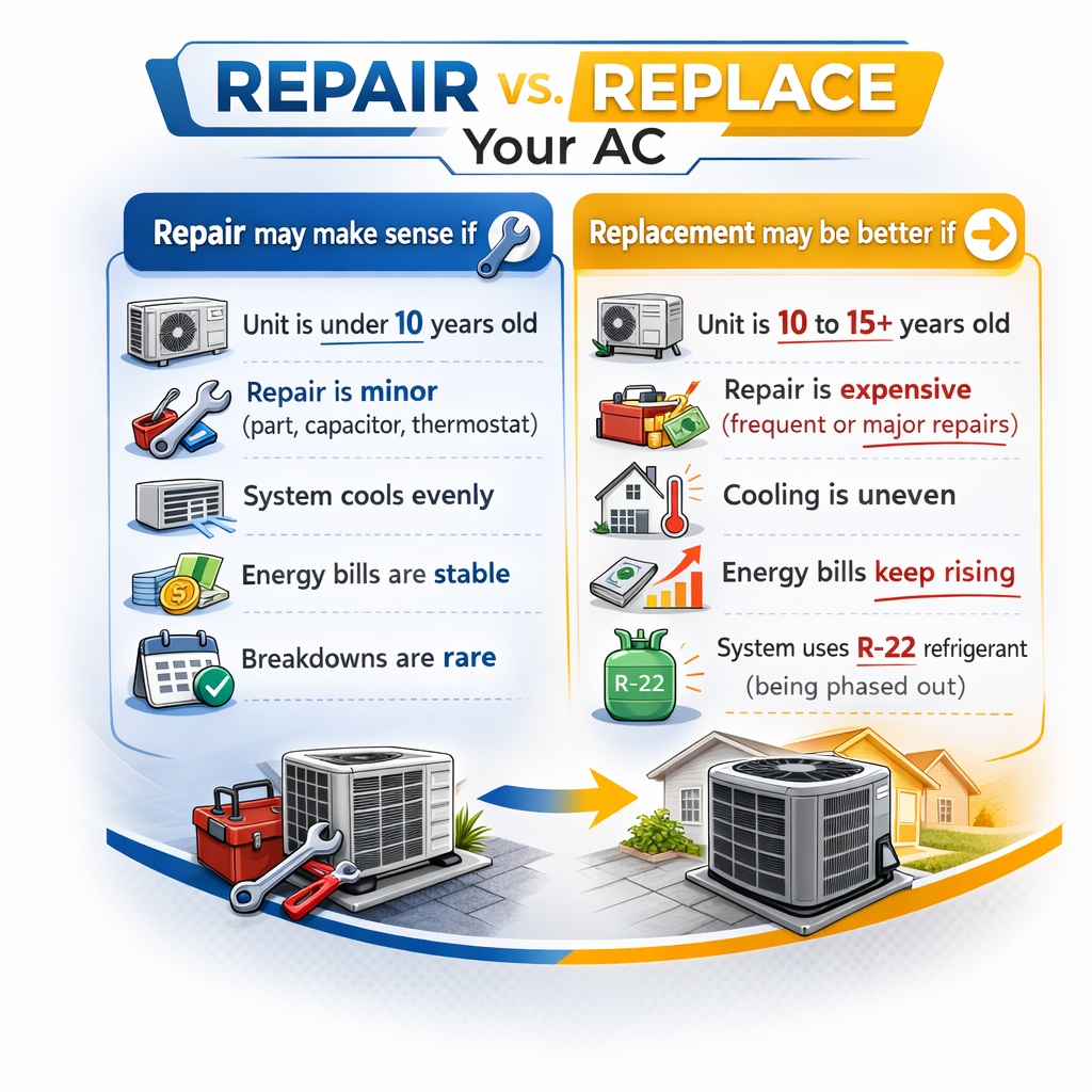 Infographic comparing AC repair versus AC replacement, showing when repair makes sense and when replacement is the better long-term option.